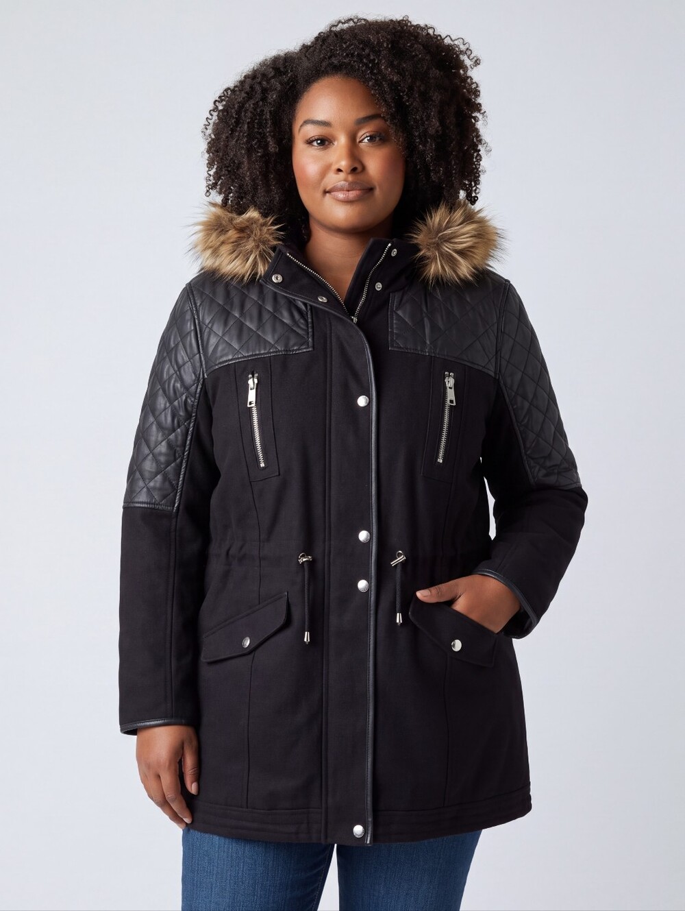 Women's Black Utility Jacket with Faux Fur Hood